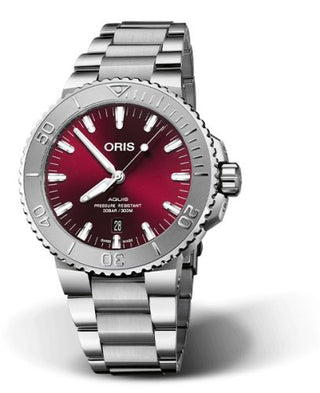 Oris - 01 733 7730 4158-07 8 24 05PEB  Aquis Date 43.5 Relief Stainless Steel / Cherry / Bracelet