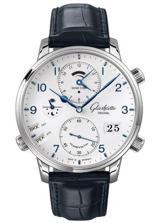 Glashütte Original - 1-89-02-03-02-30  Senator Cosmopolite Stainless Steel / Silver-Arabic / Alligator / Folding