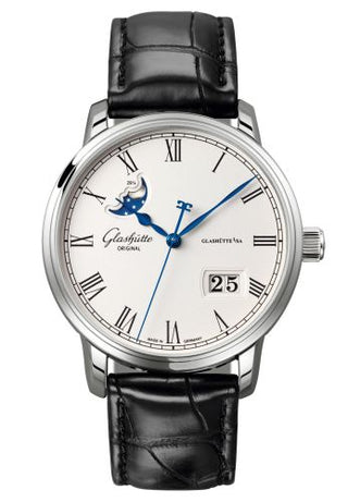 Glashütte Original - 100-04-32-12-01  Senator Panorama Date Moon Phase Stainless Steel / Silver / Alligator / Folding