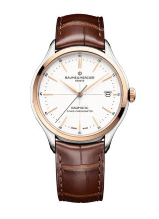 Baume & Mercier - 10519  Clifton Baumatic Stainless Steel / Red Gold / White / Strap / COSC