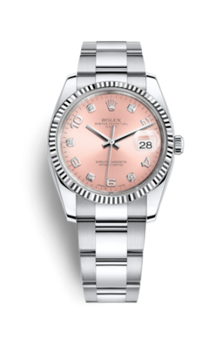 Rolex - 115234-0009  Oyster Perpetual Date 34 Stainless Steel Fluted / Oyster / Pink Arabic