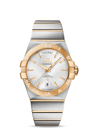 Omega - 123.25.38.22.02.002  Constellation Co-Axial 38 Day-Date Stainless Steel / Yellow Gold / Diamond / Silver