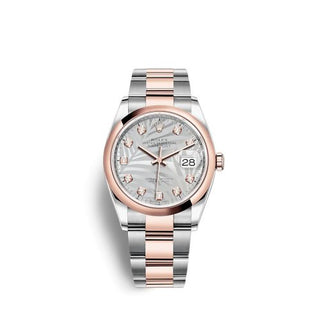 Rolex - 126201-0038  Datejust 36 Stainless Steel / Everose / Domed / Silver - Palm - Diamond / Oyster