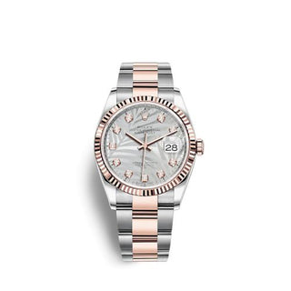 Rolex - 126231-0038  Datejust 36 Stainless Steel / Everose / Fluted / Silver - Palm - Diamond / Oyster