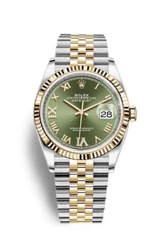 Rolex - 126233-0025  Datejust 36 Stainless Steel / Yellow Gold / Fluted / Olive Green Roman Diamond / Jubilee