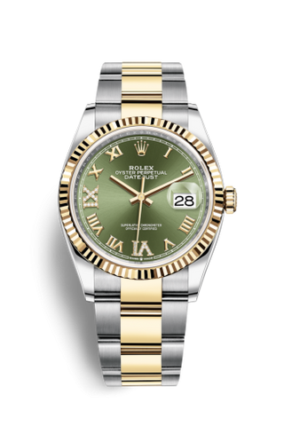 Rolex - 126233-0026  Datejust 36 Stainless Steel / Yellow Gold / Fluted / Olive Green Roman Diamond / Oyster