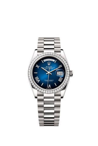 Rolex - 128349RBR-0047  Day-Date 36 White Gold - Diamond / Blue Ombré - Roman / President