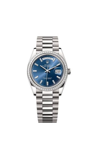 Rolex - 128399TBR-0027  Day-Date 36 White Gold - Baguette / Bright Blue - Baguette / President