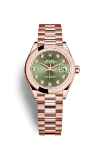 Rolex - 279165-0011  Lady-Datejust 28 Everose Domed / President /  Olive Green Diamond