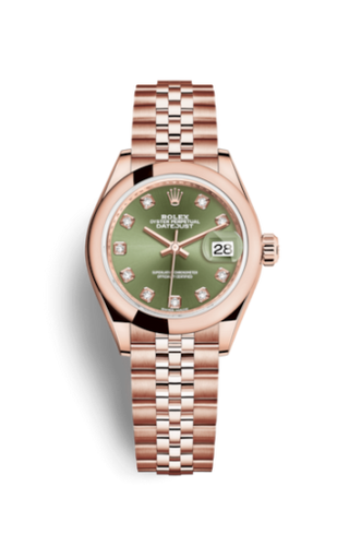 Rolex - 279165-0012  Lady-Datejust 28 Everose Domed / Jubilee /  Olive Green Diamond