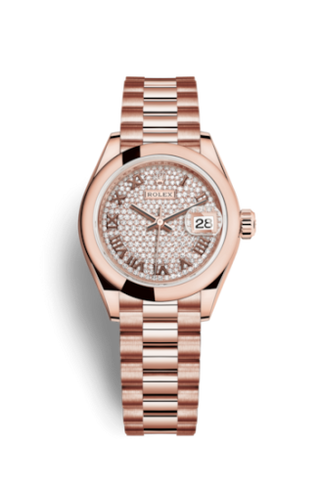 Rolex - 279165-0023  Lady-Datejust 28 Everose Domed / President /  Paved Roman