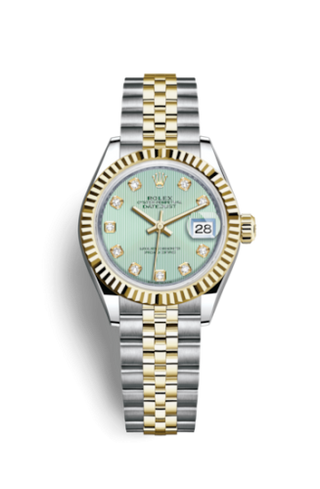 Rolex - 279173-0015  Lady-Datejust 28 Rolesor Yellow Fluted / Jubilee / Mint Green Tuxedo