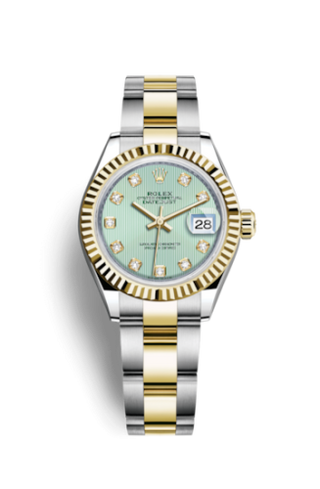 Rolex - 279173-0016  Lady-Datejust 28 Rolesor Yellow Fluted / Oyster / Mint Green Tuxedo