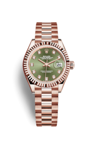 Rolex - 279175-0009  Lady-Datejust 28 Everose Fluted  / President / Olive Green Diamond