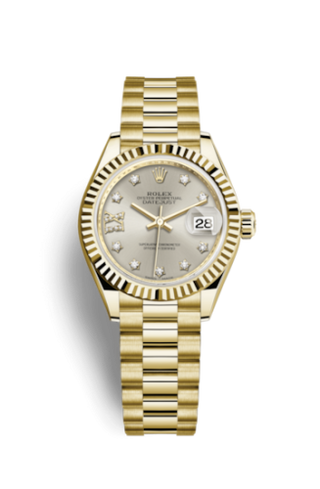 Rolex - 279178-0002  Lady-Datejust 28 Yellow Gold Fluted / President / Silver Diamond