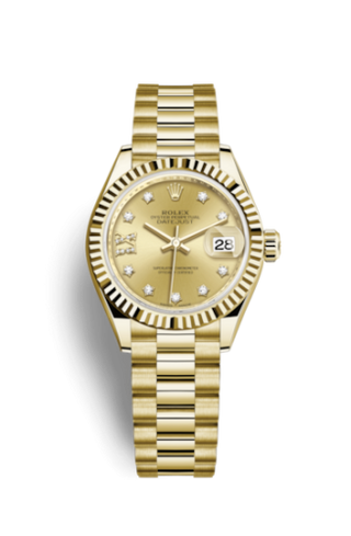 Rolex - 279178-0013  Lady-Datejust 28 Yellow Gold Fluted / President / Champagne Diamond