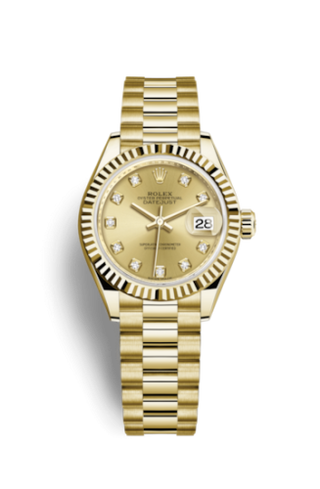 Rolex - 279178-0017  Lady-Datejust 28 Yellow Gold Fluted / President / Champagne Diamond