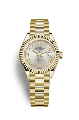 Rolex - 279178-0020  Lady-Datejust 28 Yellow Gold Fluted / President / Silver Roman