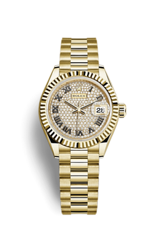 Rolex - 279178-0031  Lady-Datejust 28 Yellow Gold Fluted / President / Paved Roman