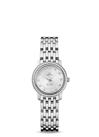 Omega - 424.15.24.60.52.001  De Ville  Prestige Quartz Ladies 24.5 Stainless Steel Diamond / Silver Diamond / Bracelet