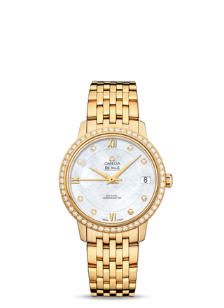 Omega - 424.55.33.20.55.001  De Ville Prestige Co-Axial 32.7 Yellow Gold Diamond / MOP / Bracelet