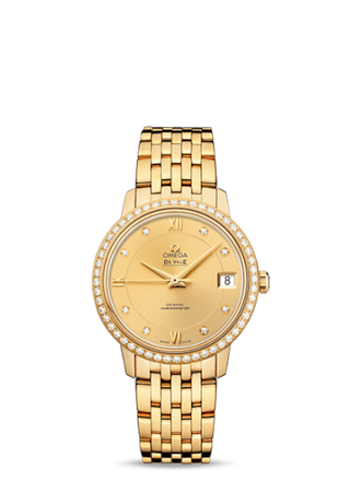 Omega - 424.55.33.20.58.001  De Ville Prestige Co-Axial 32.7 Yellow Gold / Diamond / Champagne / Bracelet