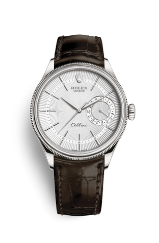 Rolex - 50519-0012  Cellini Date White Gold / Silver / Alligator Brown