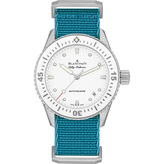 Blancpain - 5100-1127-NAT  Fifty Fathoms Bathyscaphe Stainless Steel / White / Baby Blue Nato