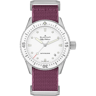 Blancpain - 5100-1127-NAV  Fifty Fathoms Bathyscaphe Stainless Steel / White / Bordeaux Nato