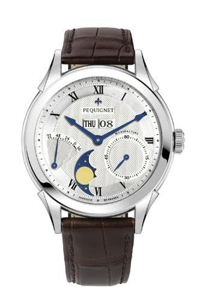 Pequignet - 9010437CG  Rue Royale Moonphase Stainless Steel / Silver Guilloche / Brown Alligator