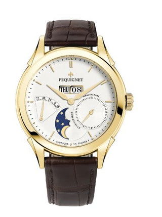 Pequignet - 9011438CG  Rue Royale Moonphase Yellow Gold / Silver / Brown Alligator