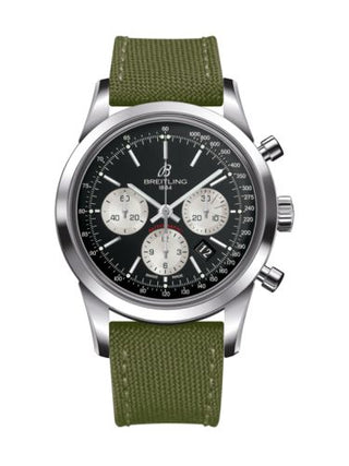 Breitling - AB015212/BF26/106W/A20BA.1  Transocean Chronograph Stainless Steel / Reverse Panda / Military / Pin