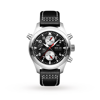 IWC - IW3718-13  Pilot's Watch Double Chronograph Stainless Steel / Black-Silver / Calf / Watches of Switzerland