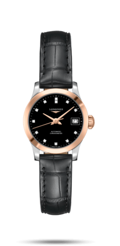 Longines - L2.320.5.57.2  Record 26mm Stainless Steel / Pink Gold / Black-Diamond / Alligator