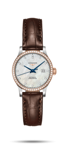 Longines - L2.321.5.89.2  Record 30mm Stainless Steel / Pink Gold / Diamond / MOP-Diamond / Alligator