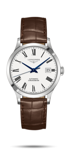 Longines - L2.820.4.11.2  Record 38.5mm Stainless Steel / White-Roman / Alligator