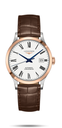 Longines - L2.820.5.11.2  Record 38.5mm Stainless Steel / Pink Gold / White-Roman / Alligator