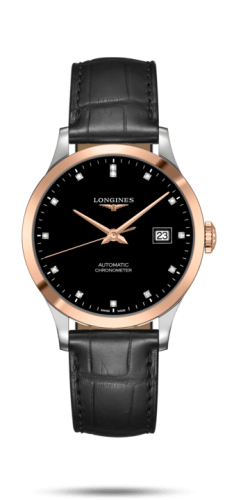 Longines - L2.820.5.57.2  Record 38.5mm Stainless Steel / Pink Gold / Black-Diamond / Alligator