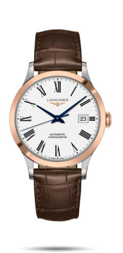 Longines - L2.821.5.11.2  Record 40mm Stainless Steel / Pink Gold / White-Roman / Alligator