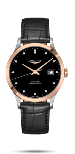 Longines - L2.821.5.57.2  Record 40mm Stainless Steel / Pink Gold / Black-Diamond / Alligator