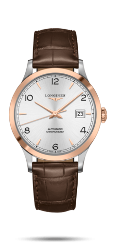 Longines - L2.821.5.76.2  Record 40mm Stainless Steel / Pink Gold / Silver-Arabic / Alligator