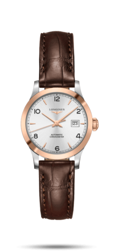 Longines - L2.321.5.76.2  Record 30mm Stainless Steel / Pink Gold / Silver-Arabic / Alligator