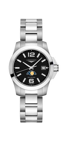 Longines - L3.381.4.58.6  Conquest 34 Quartz Moonphase Stainless Steel / Black / Bracelet