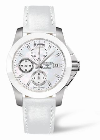 Longines - L3.661.4.86.0  Conquest Chronograph White Ceramic Leather