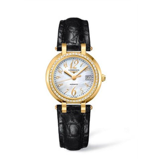 Longines - L8.113.7.83.2  PrimaLuna Automatic 30 Yellow Gold Diamond Leather Funky MOP