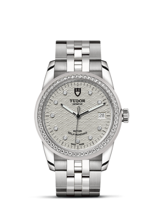 Tudor - 55020-0001  Glamour Date 36 Stainless Steel / Diamond / Jacquard Silver-Diamond / Bracelet