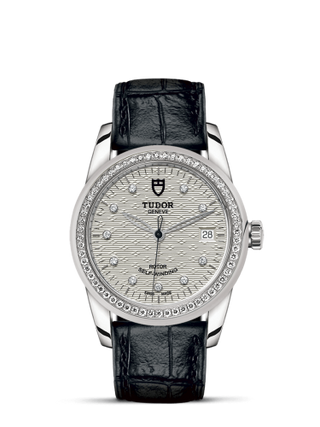 Tudor - 55020-0060  Glamour Date 36 Stainless Steel / Diamond / Jacquard Silver-Diamond / Strap