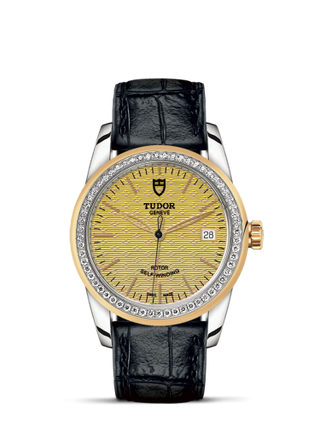 Tudor - 55023-0051  Glamour Date 36 Stainless Steel / Yellow Gold / Diamond / Jacquard Champagne / Strap